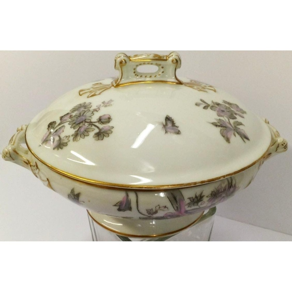 Antique CFH Haviland Limoges Purple Flowers Butterfly Soup Tureen Serving Dish